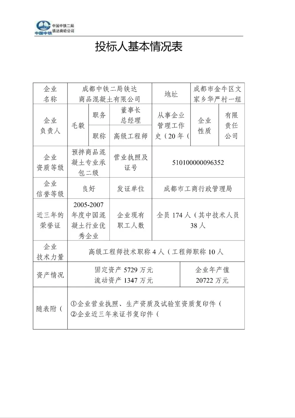 中国中铁二局铁达商品混凝土有限公司投标书 第2页